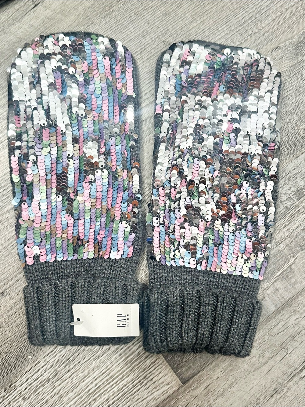 GAP Gray Knit Mittens with Silver and Pastel Sequins